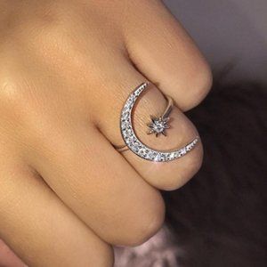 Adjustable Rose Gold Star Moon White Sapphire Ring